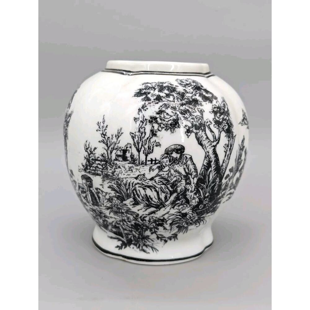 Exquisite Japanese White & Black Vase Canister 6.5" Village Trees & People
